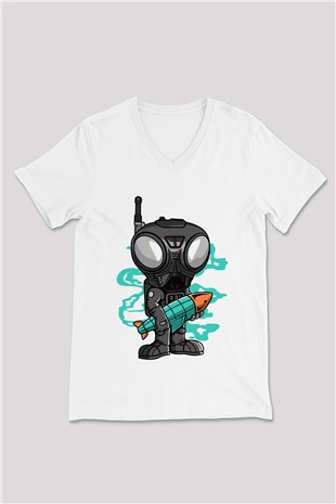 Q9-O Rocket Baskılı Beyaz Unisex V Yaka Tişört
