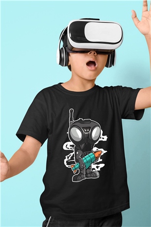 Q9-O Rocket Baskılı Siyah Çocuk Unisex Tişört