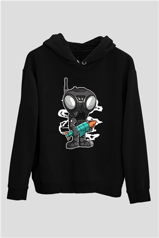Q9-O Rocket Baskılı Siyah Unisex Hoodie