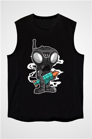 Q9-O Rocket Baskılı Siyah Unisex Kolsuz Tişört