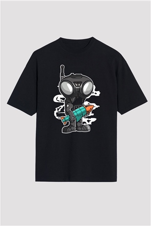 Q9-O Rocket Baskılı Siyah Unisex Oversize Tişört