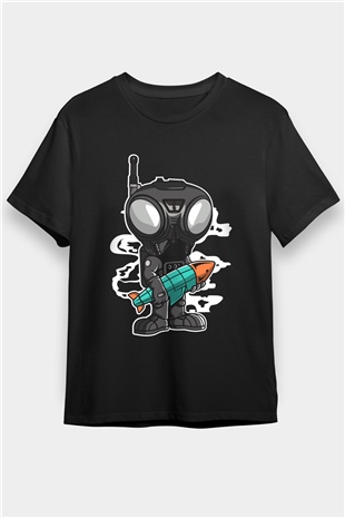 Q9-O Rocket Baskılı Siyah Unisex Tişört