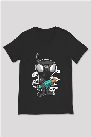 Q9-O Rocket Baskılı Siyah Unisex V Yaka Tişört