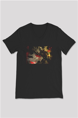 Quake Wars Siyah Unisex V Yaka Tişört