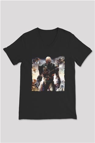 Quake Wars Siyah Unisex V Yaka Tişört