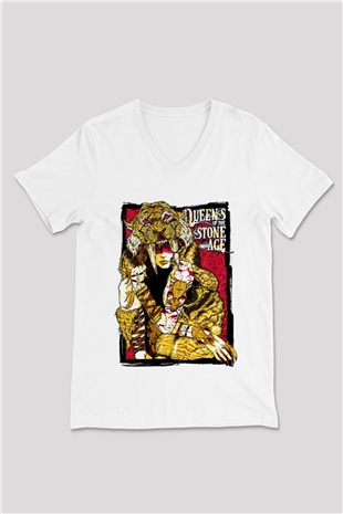 Queens of the Stone Age Beyaz Unisex V Yaka Tişört T-Shirt
