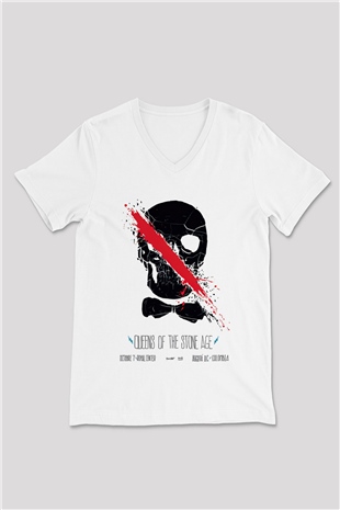 Queens of the Stone Age Beyaz Unisex V Yaka Tişört T-Shirt