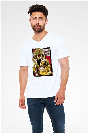 Queens of the Stone Age Beyaz Unisex V Yaka Tişört T-Shirt