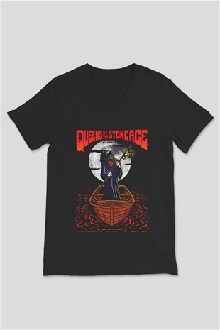 Queens of the Stone Age Siyah Unisex V Yaka Tişört T-Shirt