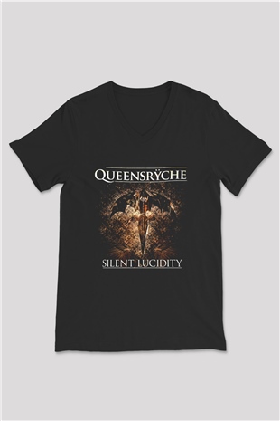 Queensryche Siyah Unisex V Yaka Tişört T-Shirt