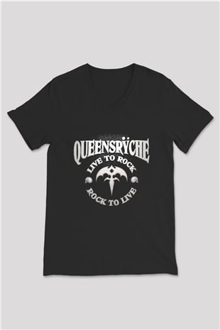 Queensryche Siyah Unisex V Yaka Tişört T-Shirt