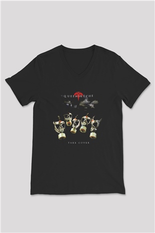 Queensryche Siyah Unisex V Yaka Tişört T-Shirt