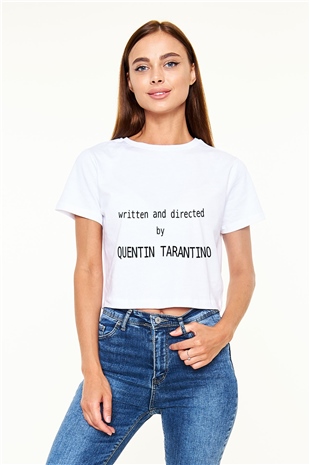 Quentin Tarantino Yazılı Beyaz Croptop Tişört