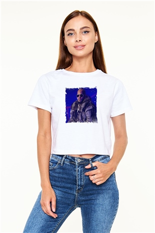 R. Kelly Baskılı Beyaz Kadın Crop Top Tişört