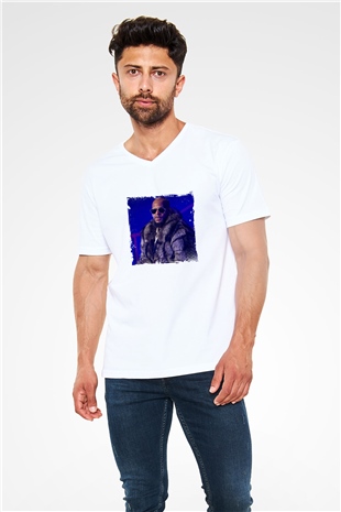 R. Kelly Baskılı Beyaz V Yaka Unisex Tişört