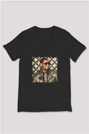 R. Kelly Baskılı Unisex Siyah V Yaka Tişört
