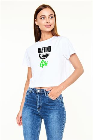 Rafting Baskılı Crop Top Beyaz Tişört - T-shirt