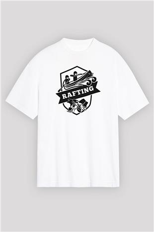 Rafting Baskılı Unisex Beyaz Oversize Tişört - Tshirt