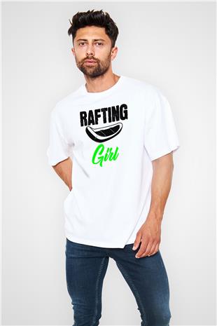 Rafting Baskılı Unisex Beyaz Oversize Tişört - Tshirt