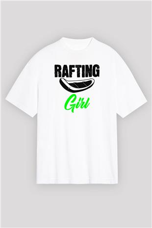 Rafting Baskılı Unisex Beyaz Oversize Tişört - Tshirt
