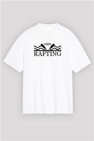 Rafting Baskılı Unisex Beyaz Oversize Tişört - Tshirt