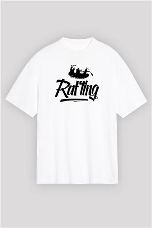 Rafting Baskılı Unisex Beyaz Oversize Tişört - Tshirt