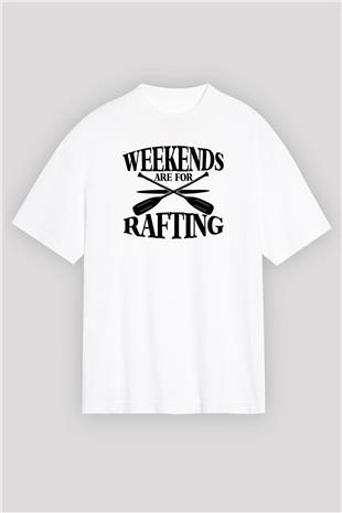Rafting Baskılı Unisex Beyaz Oversize Tişört - Tshirt