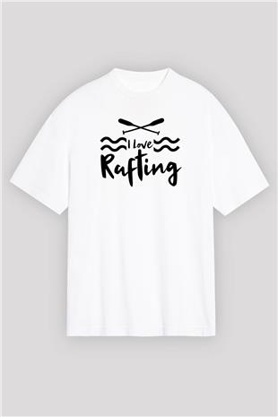 Rafting Baskılı Unisex Beyaz Oversize Tişört - Tshirt