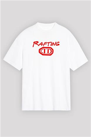 Rafting Baskılı Unisex Beyaz Oversize Tişört - Tshirt
