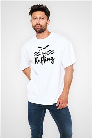 Rafting Baskılı Unisex Beyaz Oversize Tişört - Tshirt