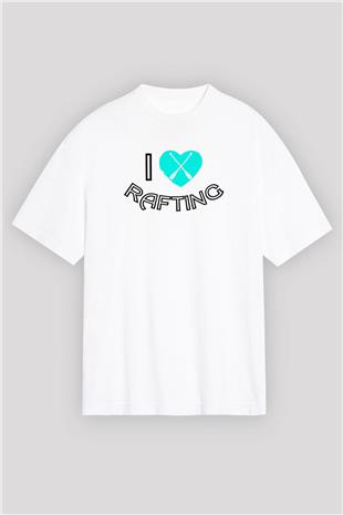 Rafting Baskılı Unisex Beyaz Oversize Tişört - Tshirt