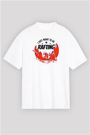 Rafting Baskılı Unisex Beyaz Oversize Tişört - Tshirt