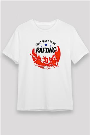 Rafting Baskılı Unisex Beyaz Tişört - Tshirt