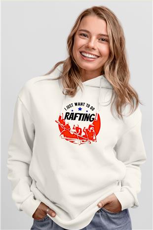 Rafting Baskılı Unisex Ekru Hoodie