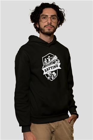 Rafting Baskılı Unisex Siyah Kapüşonlu Sweatshirt