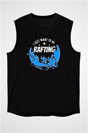 Rafting Baskılı Unisex Siyah Kolsuz Tişört