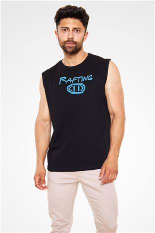 Rafting Baskılı Unisex Siyah Kolsuz Tişört
