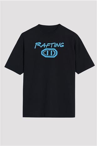 Rafting Baskılı Unisex Siyah Oversize Tişört