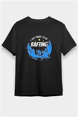 Rafting Baskılı Unisex Siyah Tişört - Tshirt
