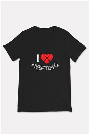 Rafting Baskılı Unisex Siyah V Yaka Tişört
