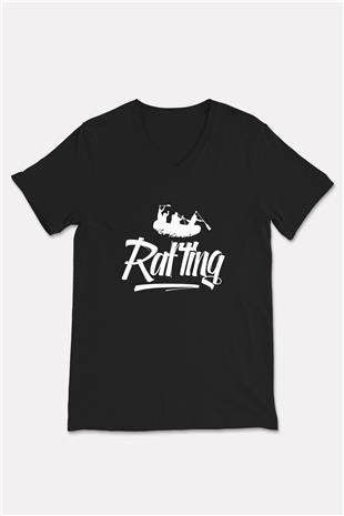 Rafting Baskılı Unisex Siyah V Yaka Tişört