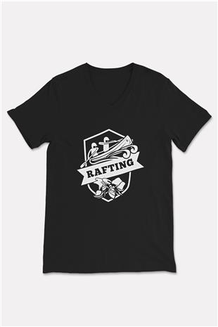 Rafting Baskılı Unisex Siyah V Yaka Tişört