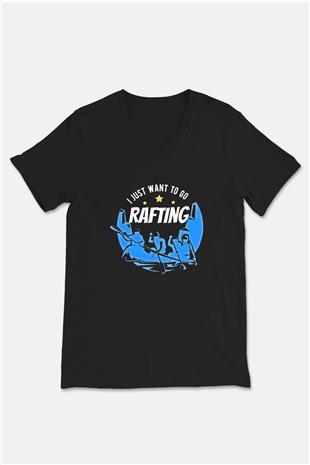 Rafting Baskılı Unisex Siyah V Yaka Tişört