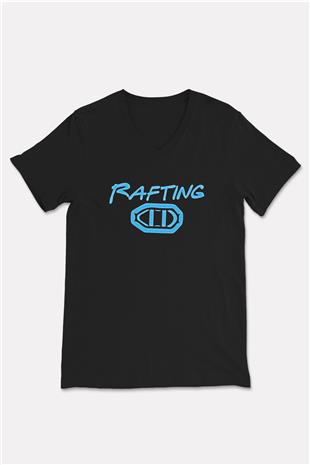 Rafting Baskılı Unisex Siyah V Yaka Tişört
