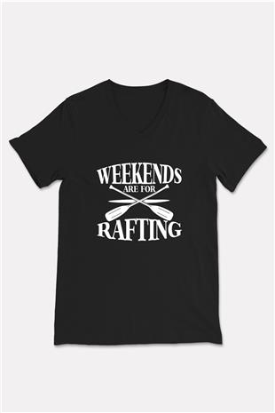 Rafting Baskılı Unisex Siyah V Yaka Tişört