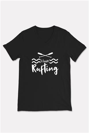 Rafting Baskılı Unisex Siyah V Yaka Tişört