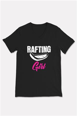 Rafting Baskılı Unisex Siyah V Yaka Tişört