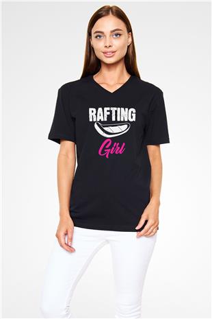 Rafting Baskılı Unisex Siyah V Yaka Tişört