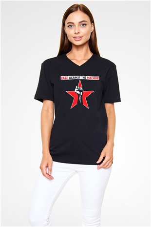 Rage Against the Machine Siyah Unisex V Yaka Tişört T-Shirt