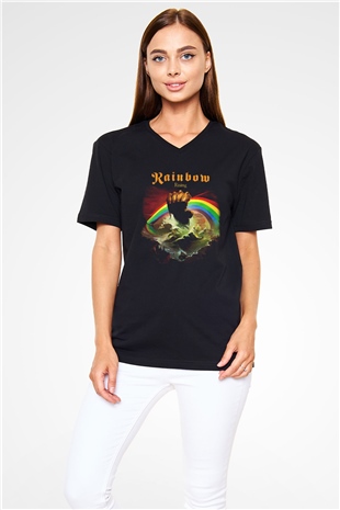 Rainbow Siyah Unisex V Yaka Tişört T-Shirt
